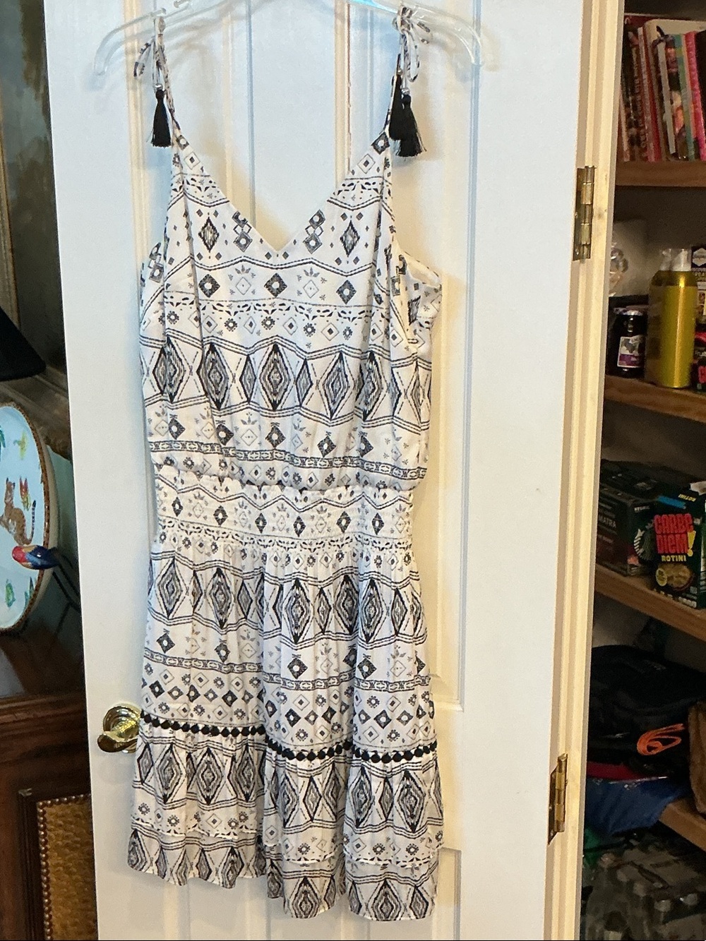 White House Black Market White Dress with Black Geometric Print